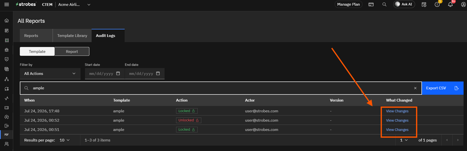 Report Audit Logs: Step 7 — View Changes for a Template Entry (screenshot 7)