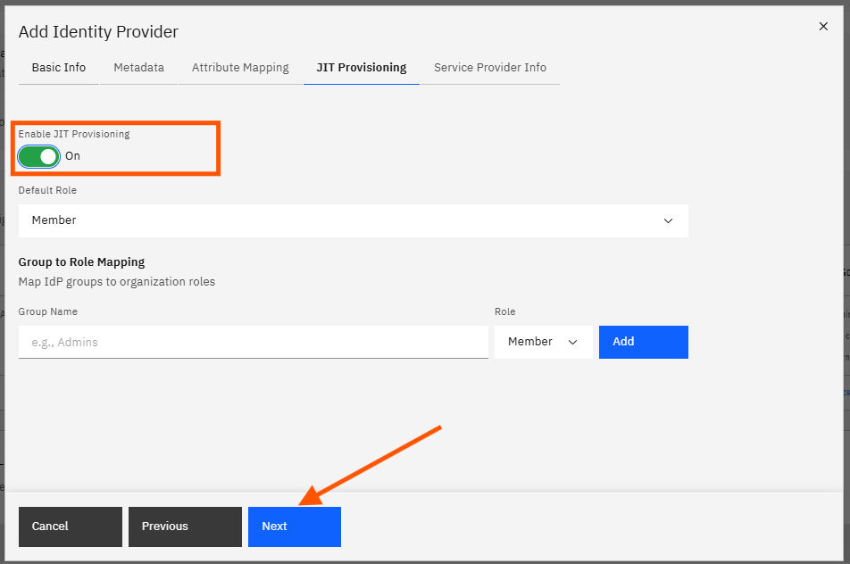 Configuring Okta SSO (SAML): Step 12 — Enable JIT Provisioning and Review the Default Role (screenshot 13)
