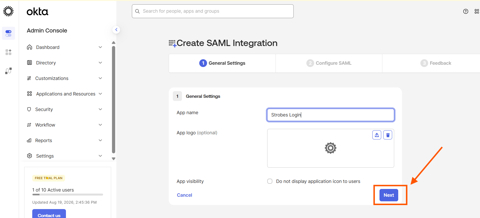 Configuring Okta SSO (SAML): Step 5 — Enter the App Name and Click Next (screenshot 6)