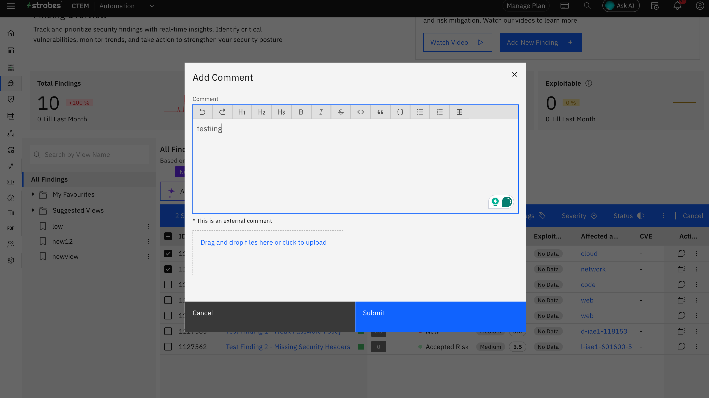 Bulk actions on findings: Add Comment Bulk Action (screenshot 15)