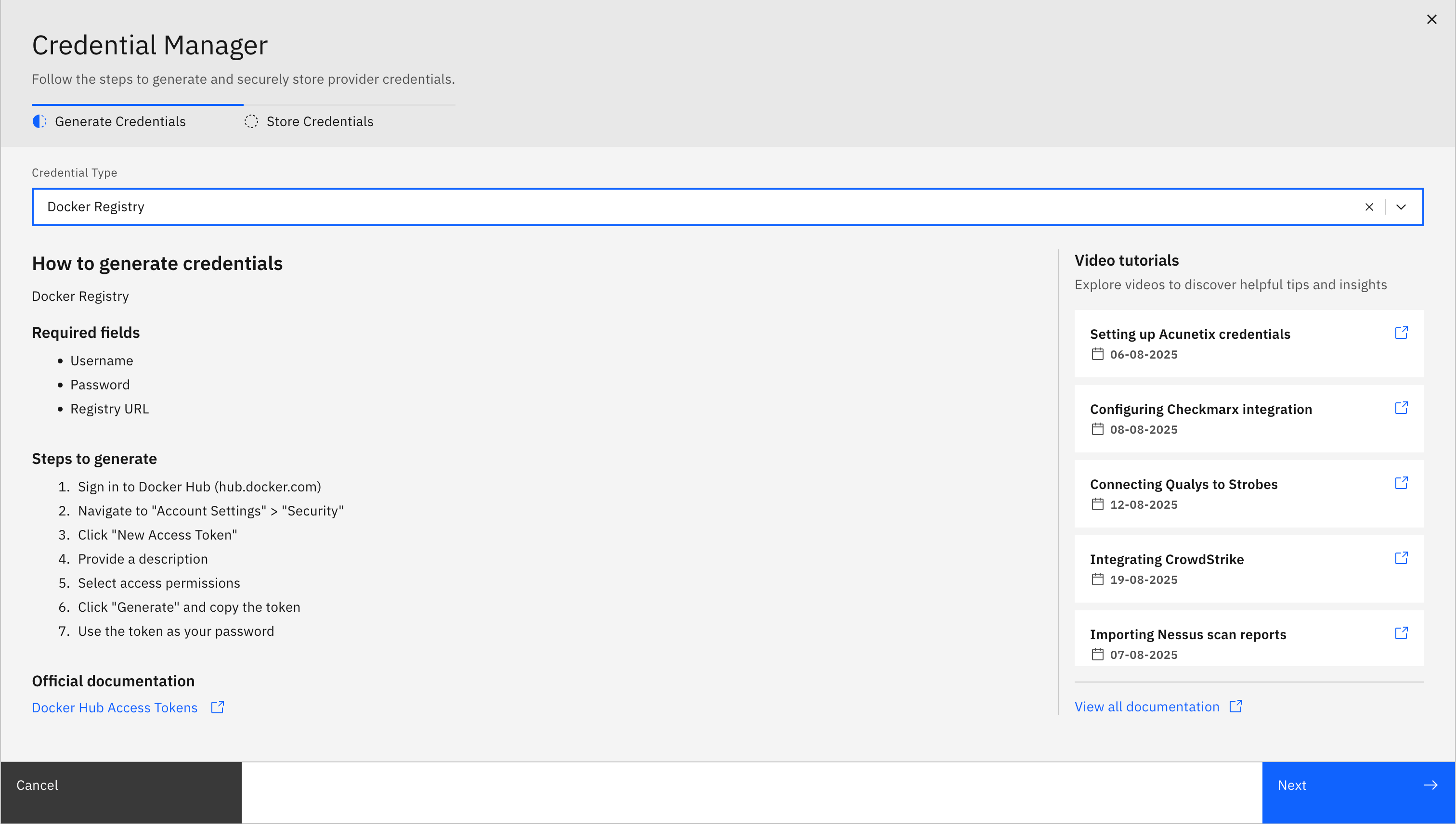 Container scanning workflow: Configuring Docker Hub Credential Manager (screenshot 8)