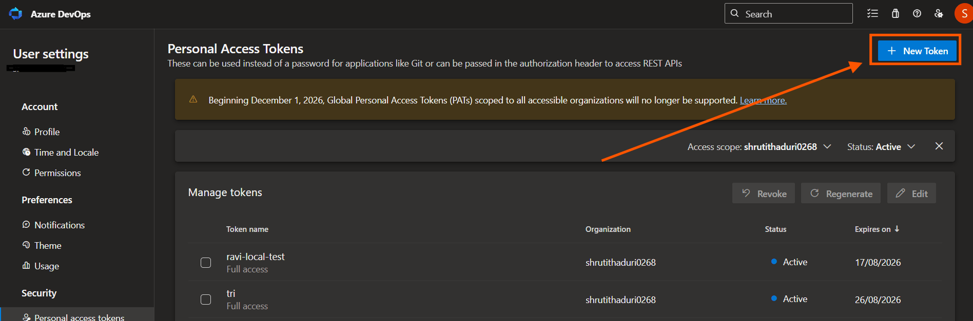 Configuring Azure Boards credentials: Step 1: Generate a Personal Access Token (PAT) in Azure DevOps (screenshot 3)