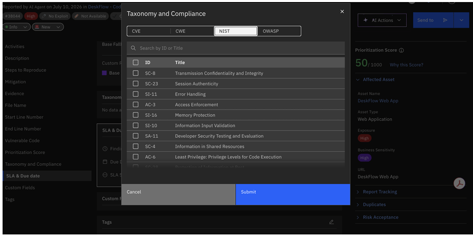 Compliance and Framework Reporting in Strobes AI Penetration Testing: Finding Taxonomy and Compliance Mapping (screenshot 3)