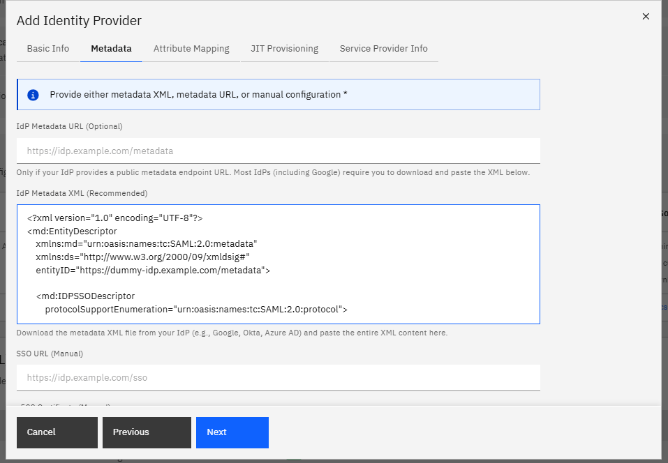 Configuring Okta SSO (SAML): Step 10 — Leave the Metadata Tab with dummy XML text and Click Next (screenshot 11)