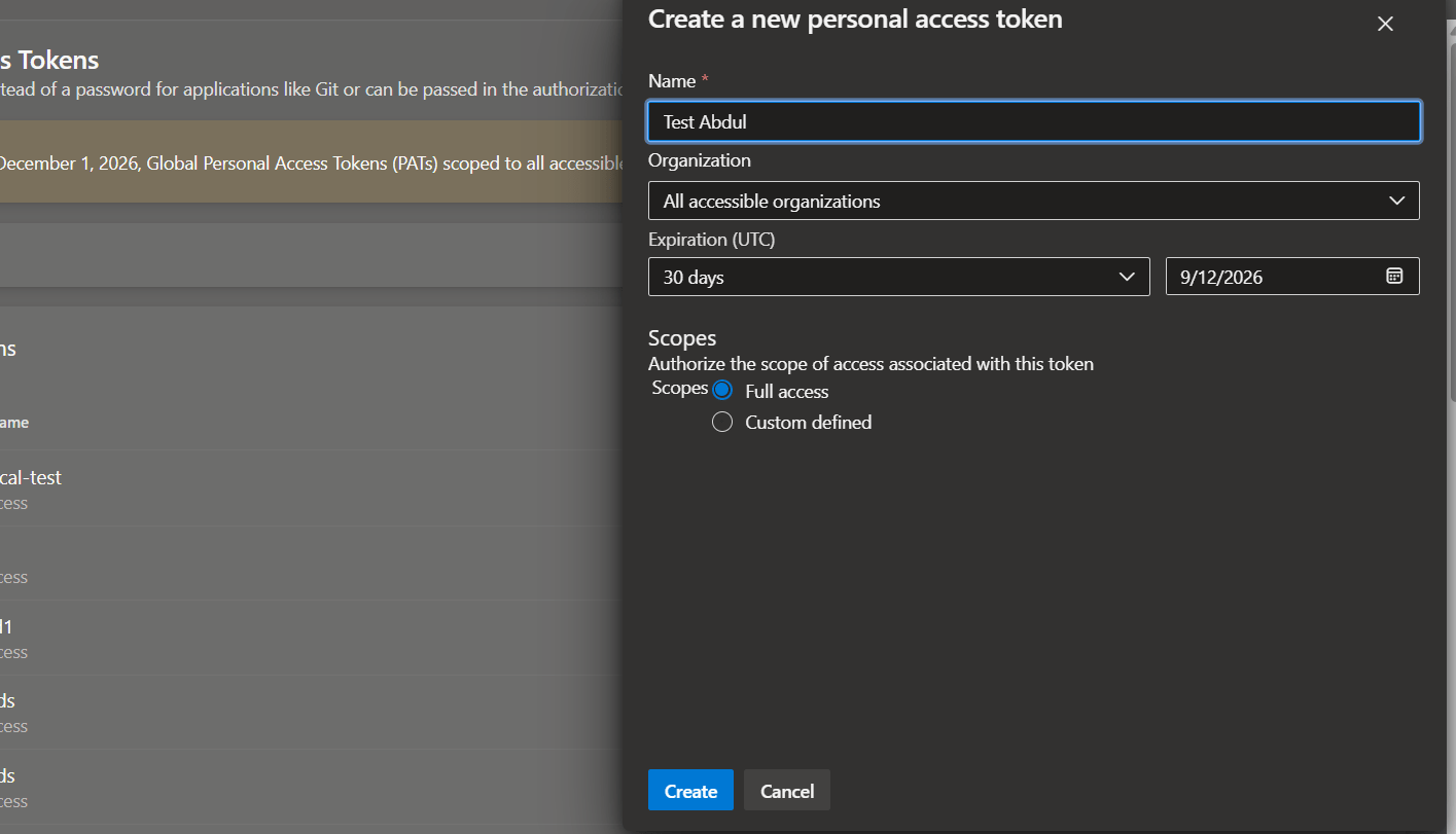 Configuring Azure Boards credentials: Step 1: Generate a Personal Access Token (PAT) in Azure DevOps (screenshot 4)
