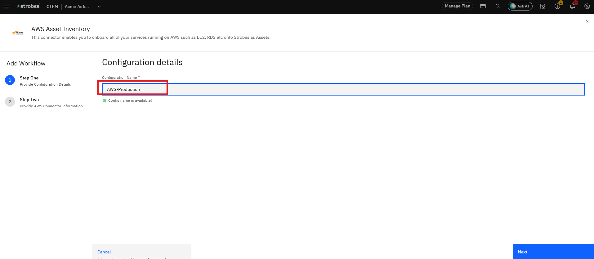 Connecting AWS Asset Inventory to Strobes: Step 4 — Enter a Configuration Name (screenshot 4)
