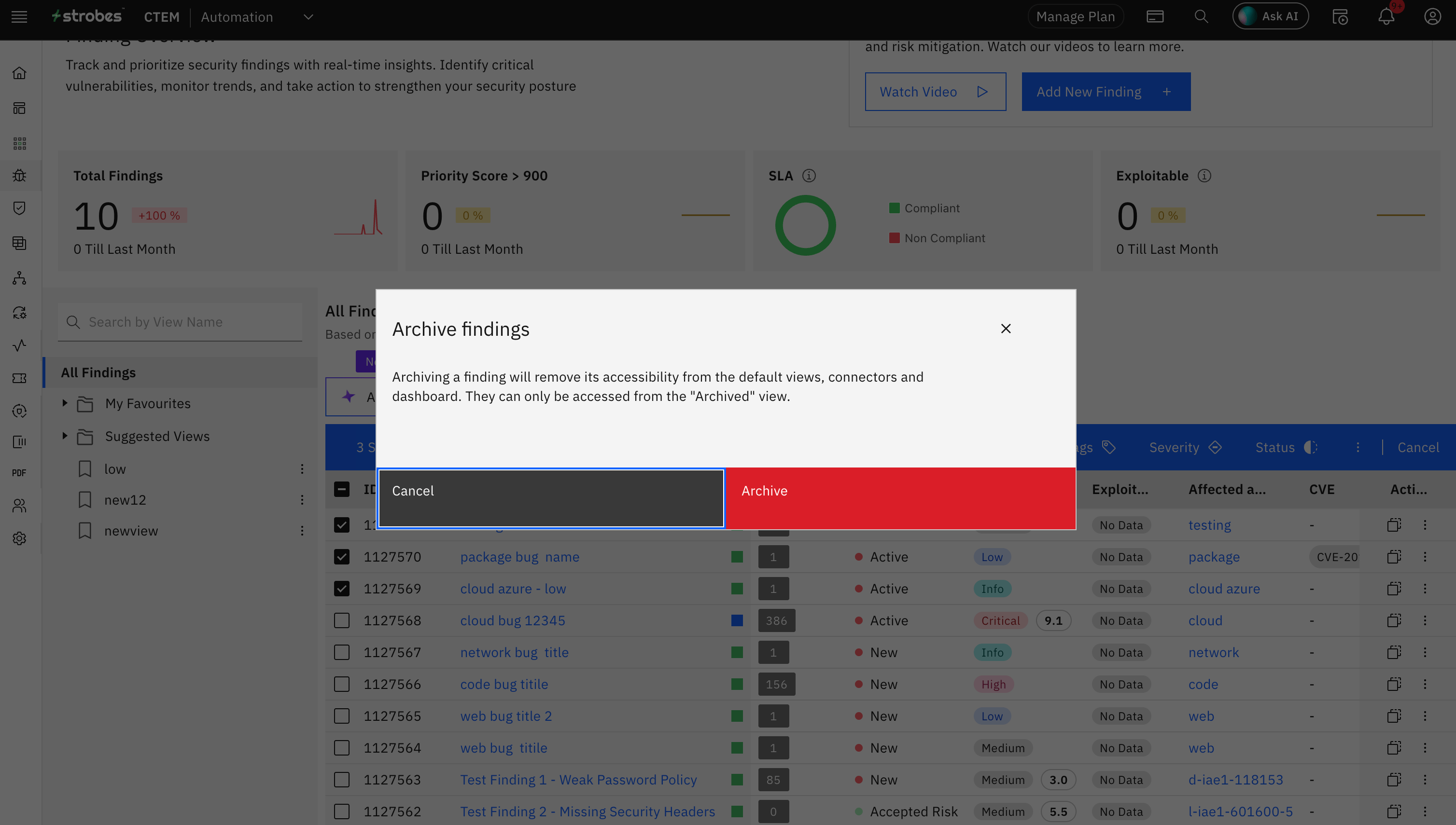 Bulk actions on findings: Archive Vulnerabilities Bulk Action (screenshot 13)