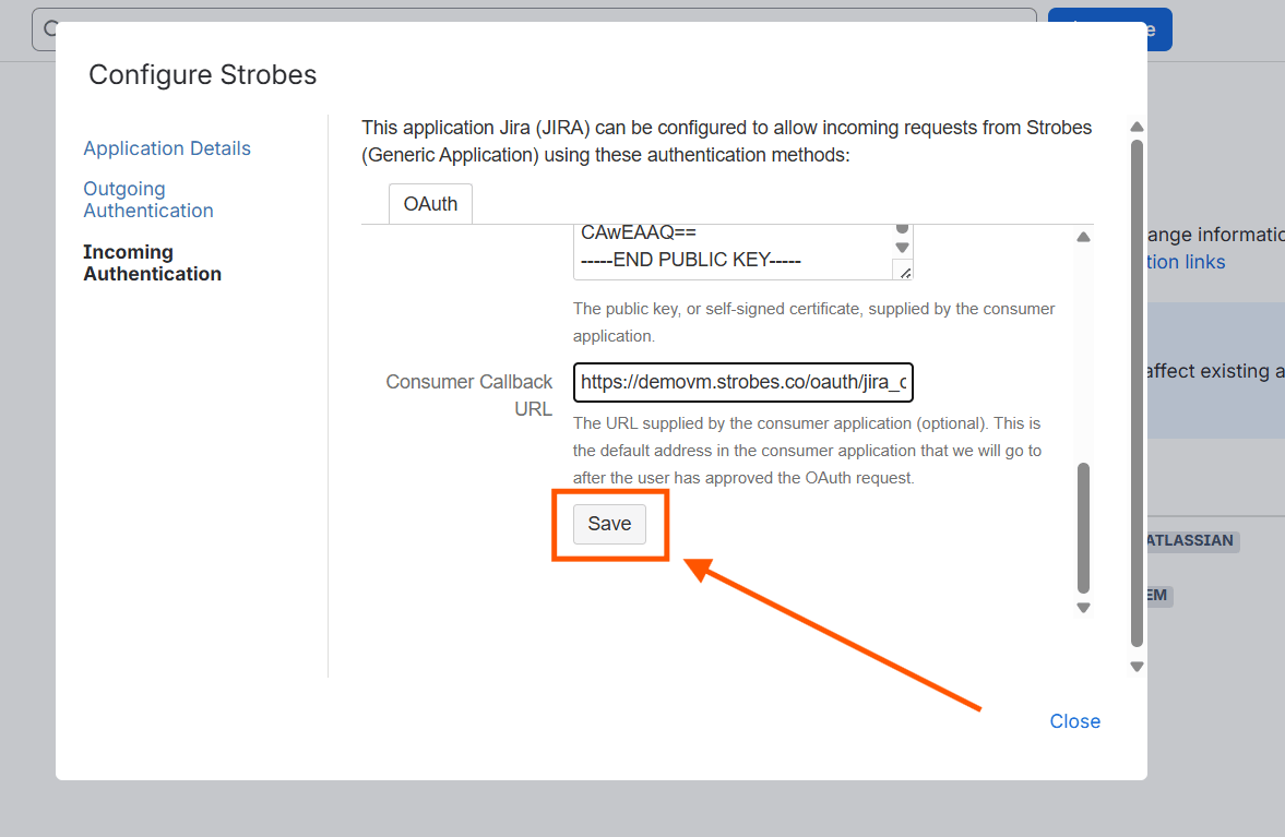 Configuring the Jira integration (OAuth 1.0): Step 14 — Save the Incoming Authentication Settings (screenshot 16)