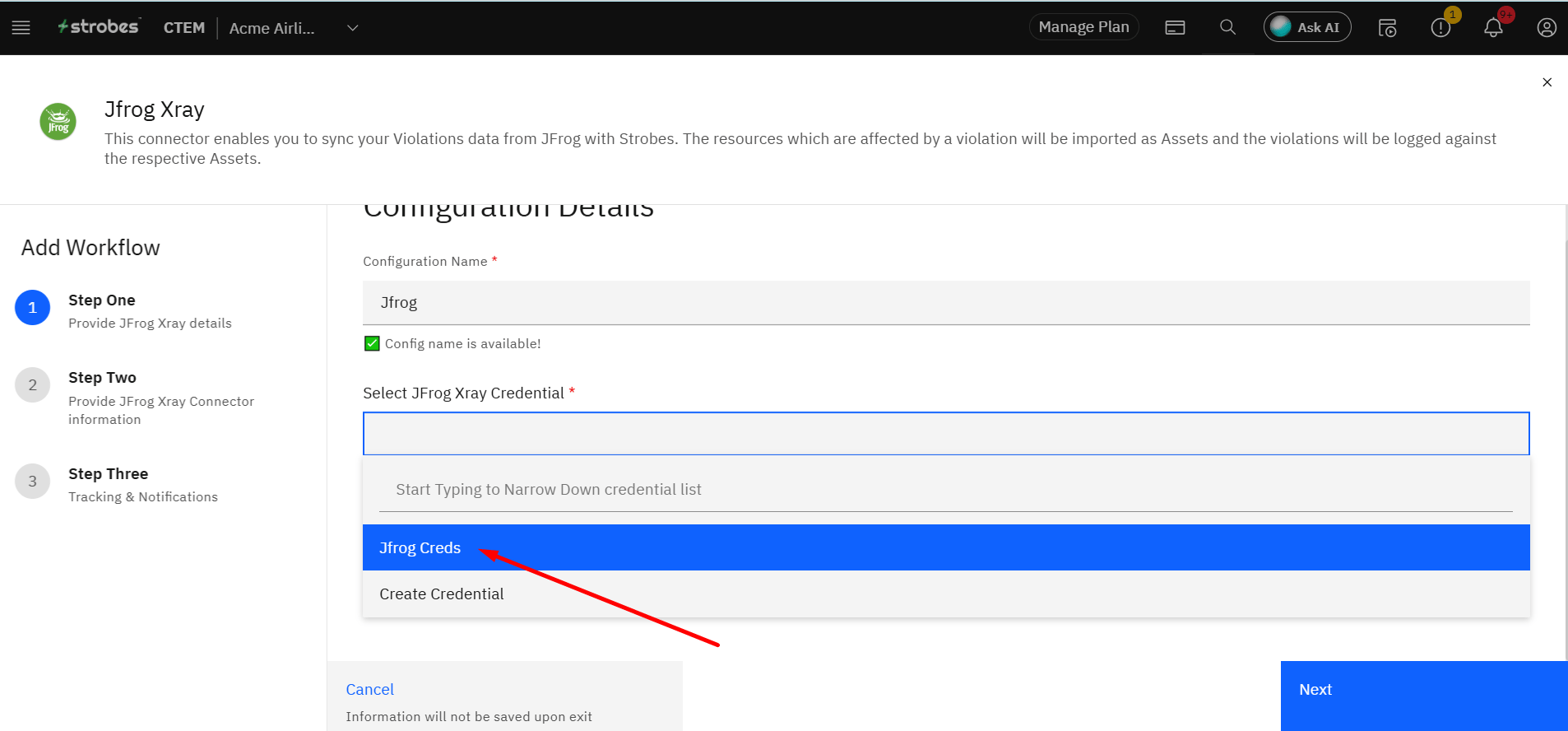 Connecting JFrog Xray (violations): Step 5: Select JFrog Xray Credential (screenshot 5)