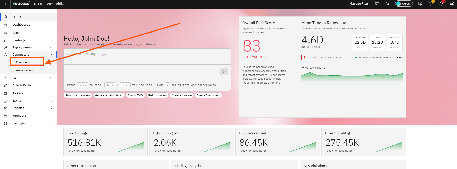 Configuring ServiceNow Credentials and Connector in Strobes: Step 1 — Click Connectors in the Left Sidebar (screenshot 16)