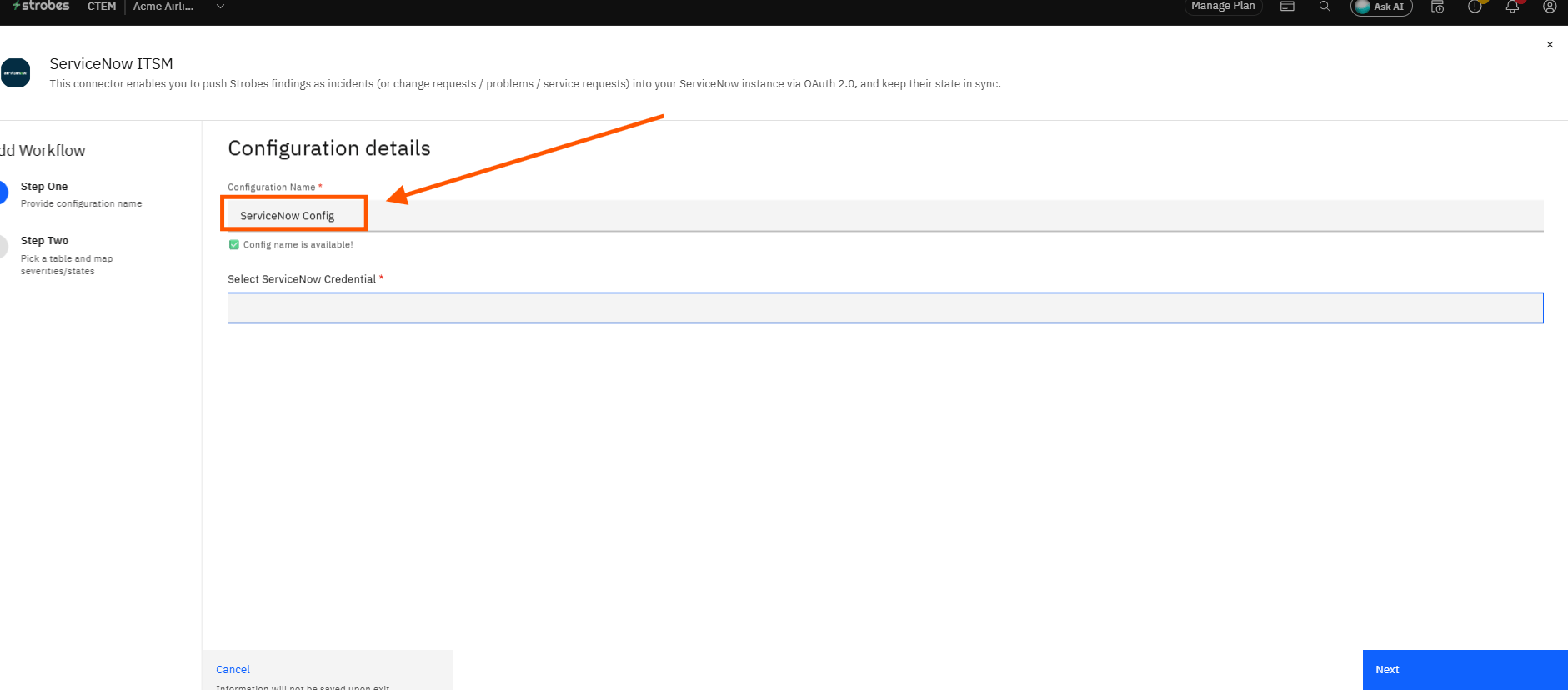 Configuring ServiceNow Credentials and Connector in Strobes: Step 4 — Click the Configuration Name Field and Enter a Name (screenshot 19)