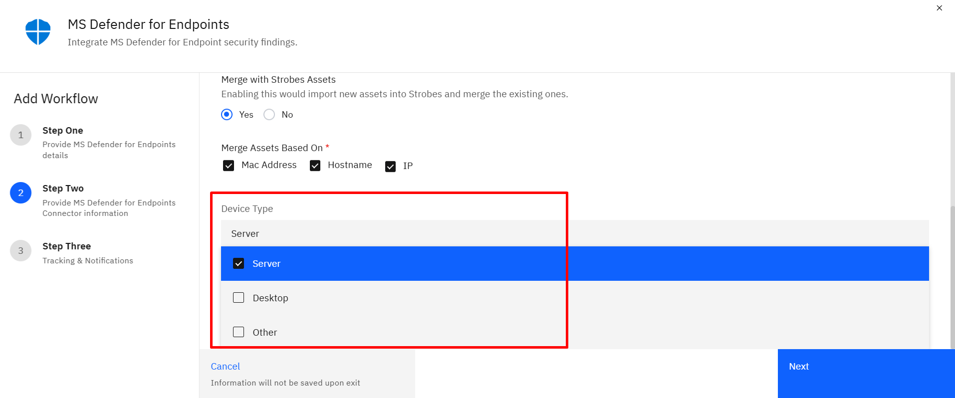 Connecting Microsoft Defender for Endpoints to Strobes: Step 15: Select the Device Type (Optional) (screenshot 15)