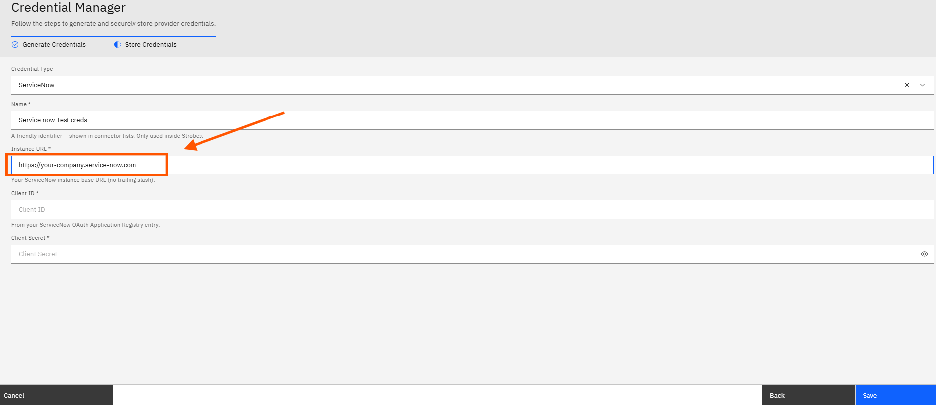 Configuring ServiceNow Credentials and Connector in Strobes: Step 10 — Click the Instance URL Field and Enter Your ServiceNow Instance URL (screenshot 11)