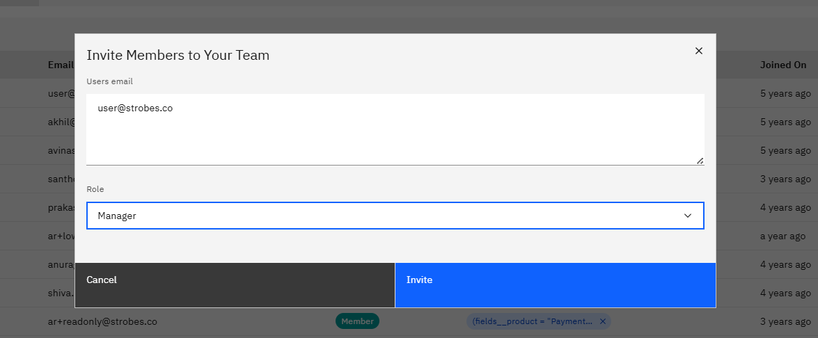 Invite Members and Manage Roles in Strobes: Step 4 — Enter the Email Addresses and Select a Role (screenshot 4)