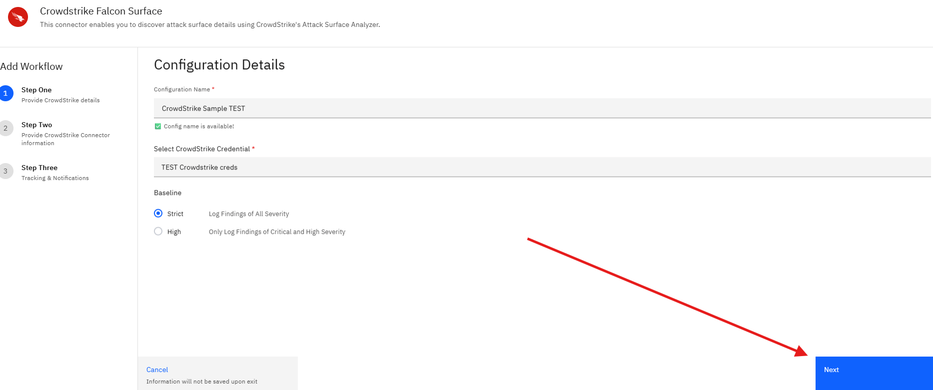 Connecting CrowdStrike Falcon Surface to Strobes: Step 9 — Proceed to Step Two (screenshot 9)