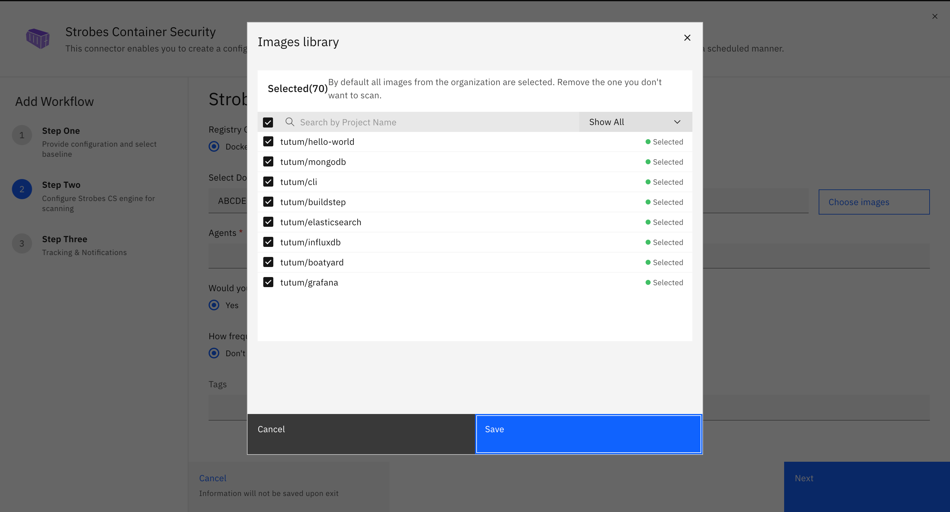 Container scanning workflow: Choosing the Images: (screenshot 3)