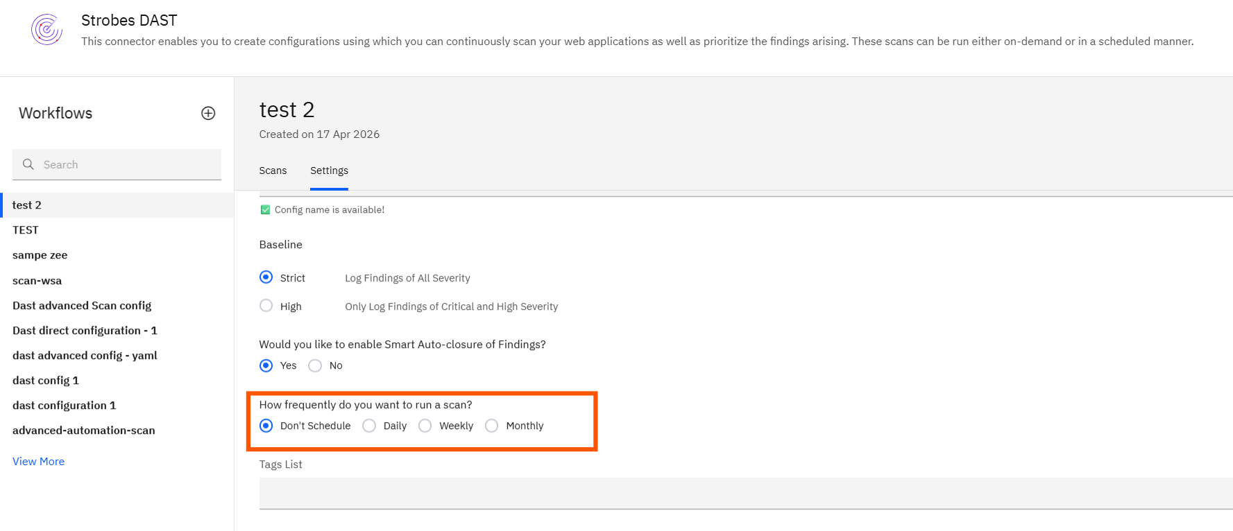 DAST workflow: Choosing the Frequency: (screenshot 4)