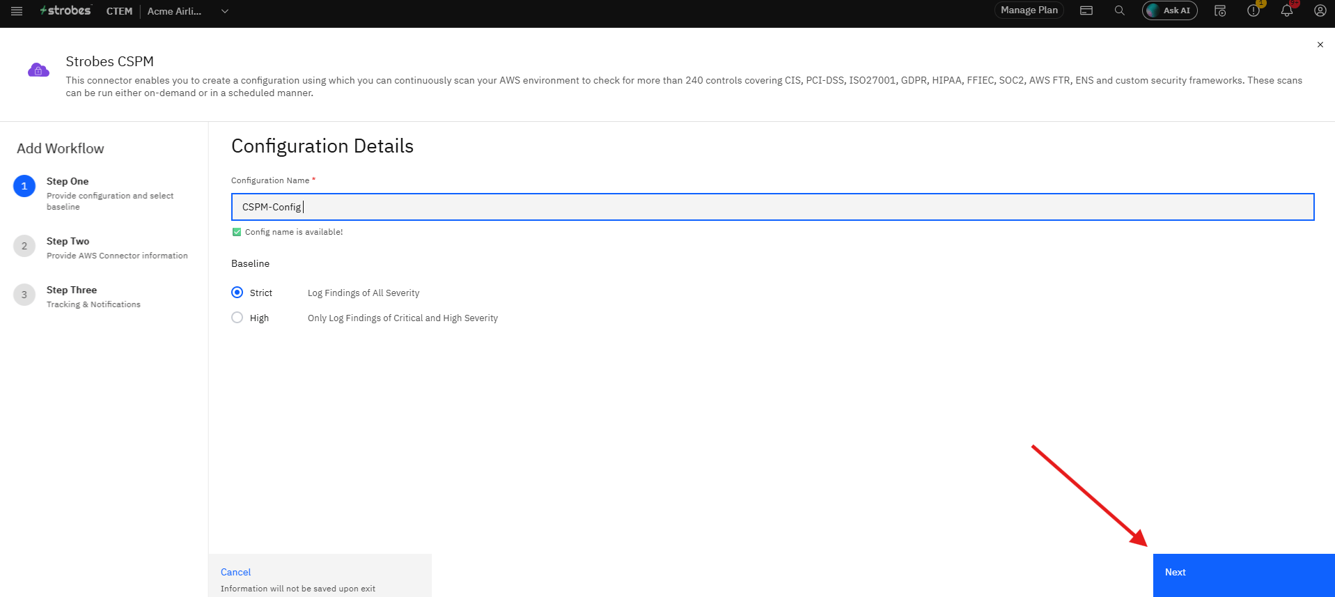 Configuring Strobes CSPM: Step 6 — Proceed to Section B (screenshot 6)