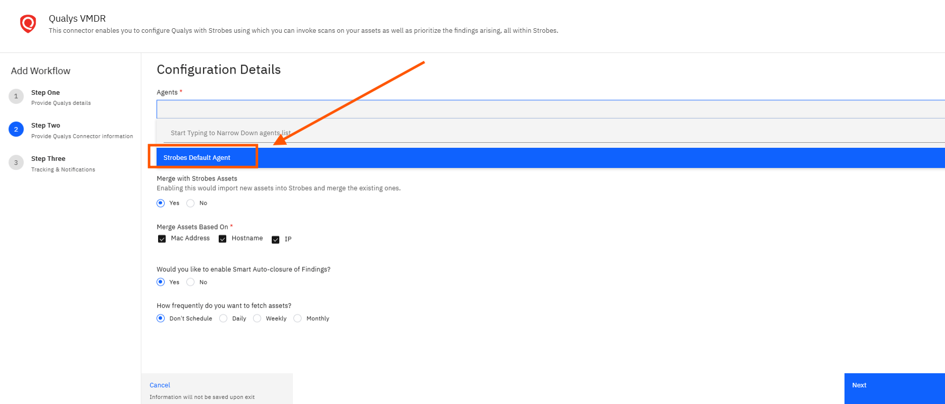 Configuring Qualys VMDR with Strobes: Step 15 — Select an Agent from the Agents Dropdown (screenshot 15)