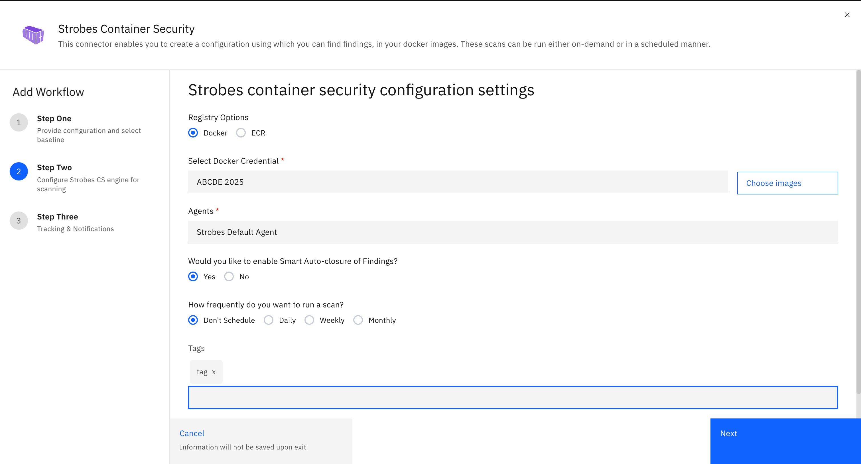 Container scanning workflow: Choosing the Tag: (screenshot 5)