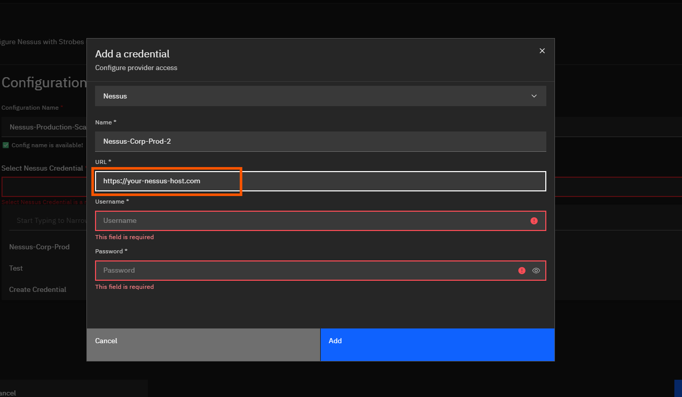 Configuring Nessus by Tenable in Strobes: Step 3: Provide Nessus Details & Add Your Credential (screenshot 10)