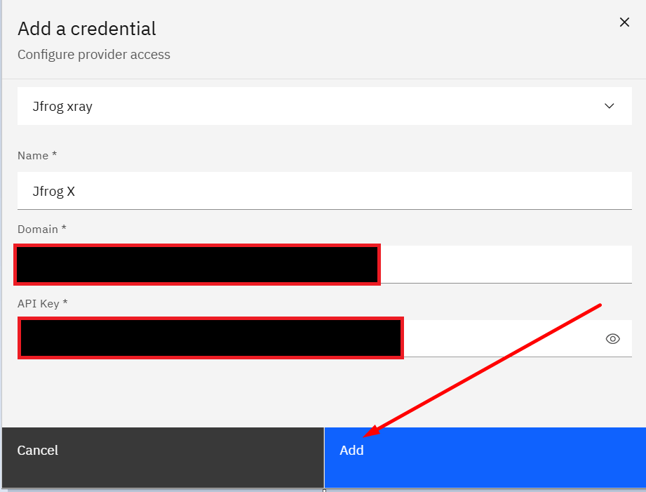 Connecting JFrog Xray (violations): Step 7: Save the Credential (screenshot 7)