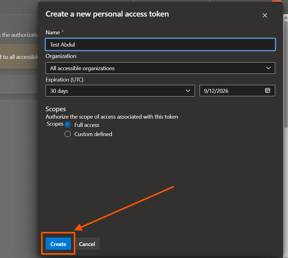 Configuring Azure Boards credentials: Step 1: Generate a Personal Access Token (PAT) in Azure DevOps (screenshot 6)