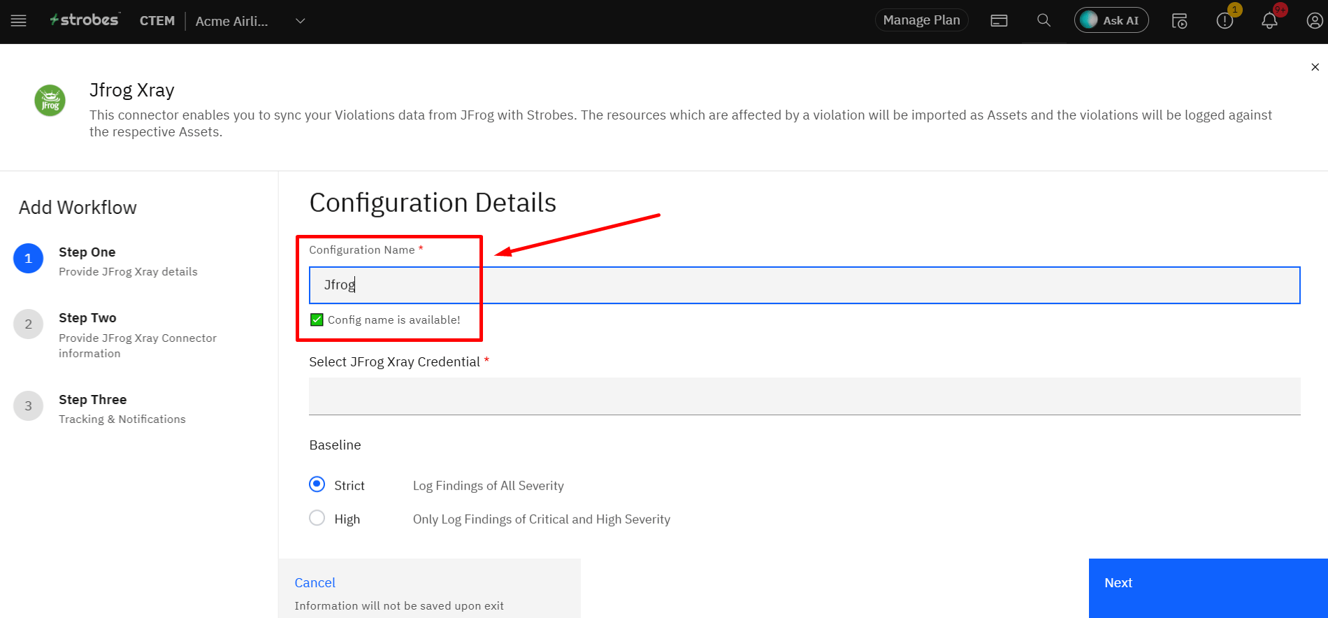Connecting JFrog Xray (violations): Step 4: Enter a Configuration Name (screenshot 4)