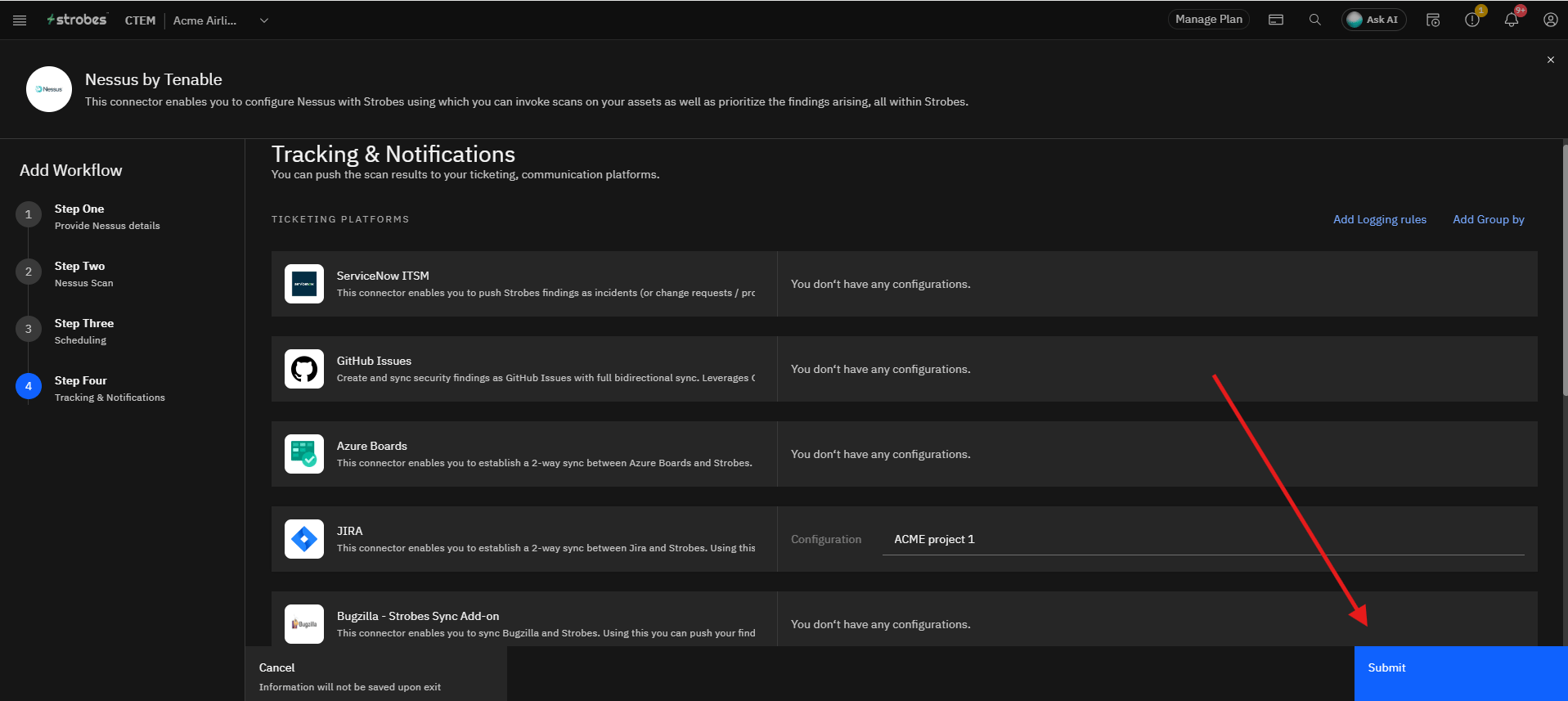 Configuring Nessus by Tenable in Strobes: Step 6: Connect Ticketing & Notification Platforms (screenshot 30)