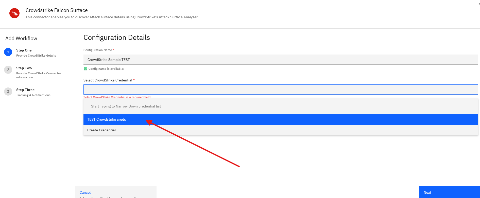 Connecting CrowdStrike Falcon Surface to Strobes: Step 5 — Select a CrowdStrike Credential (screenshot 5)