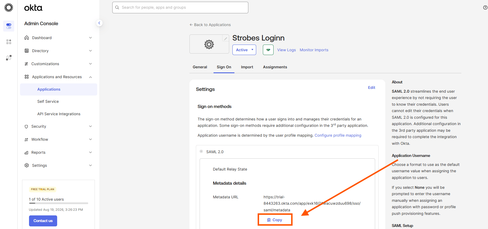 Configuring Okta SSO (SAML): Step 22 — Copy the Metadata URL (screenshot 23)