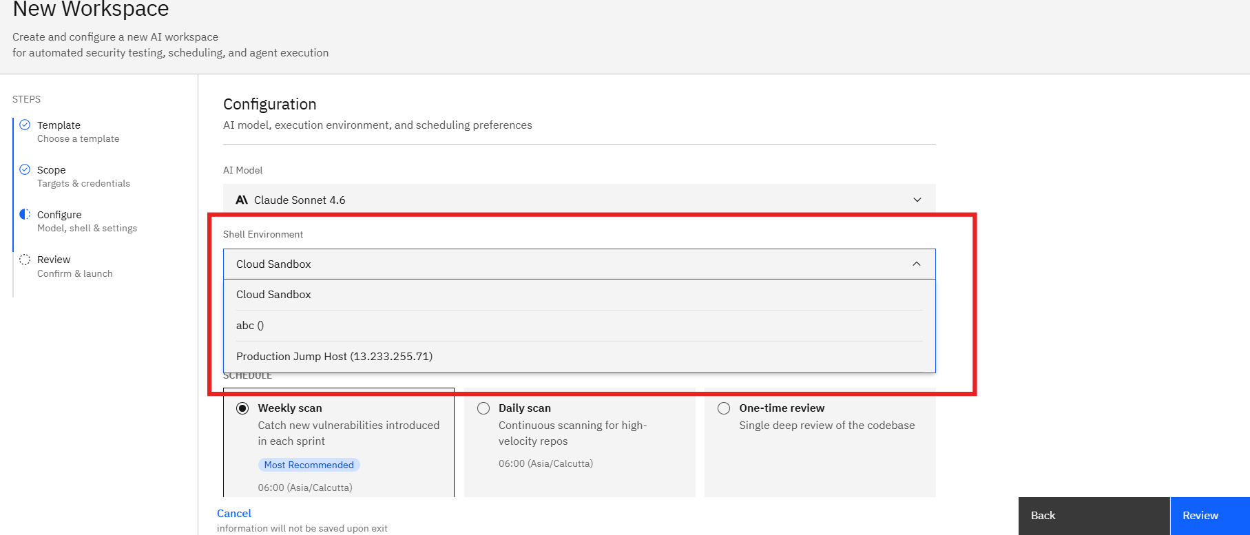 Code Review Assessment via Template: Step 8: Select an Agent Shell (screenshot 12)