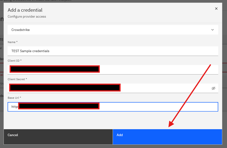 Connecting CrowdStrike Falcon Surface to Strobes: Step 7 — Save the Credential (screenshot 7)