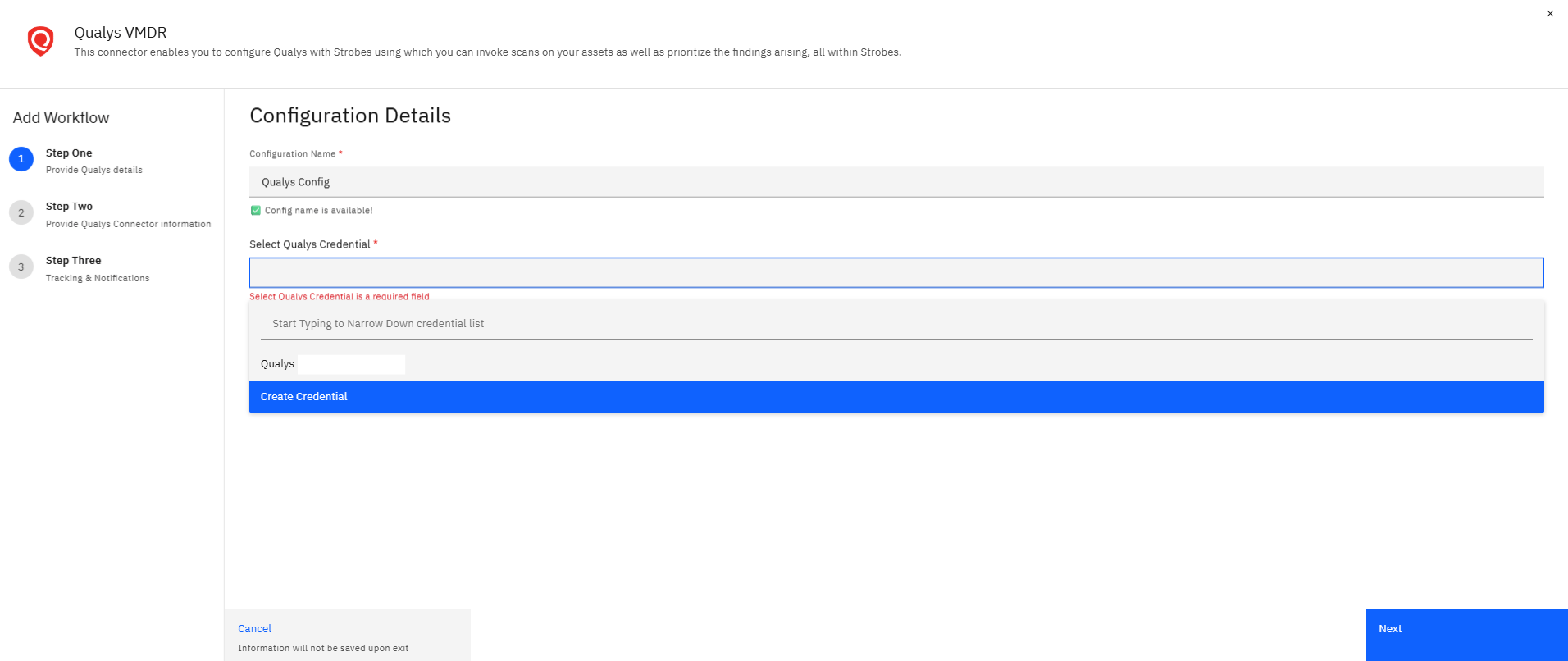 Configuring Qualys VMDR with Strobes: Step 5 — Open the Select Qualys Credential Dropdown (screenshot 5)