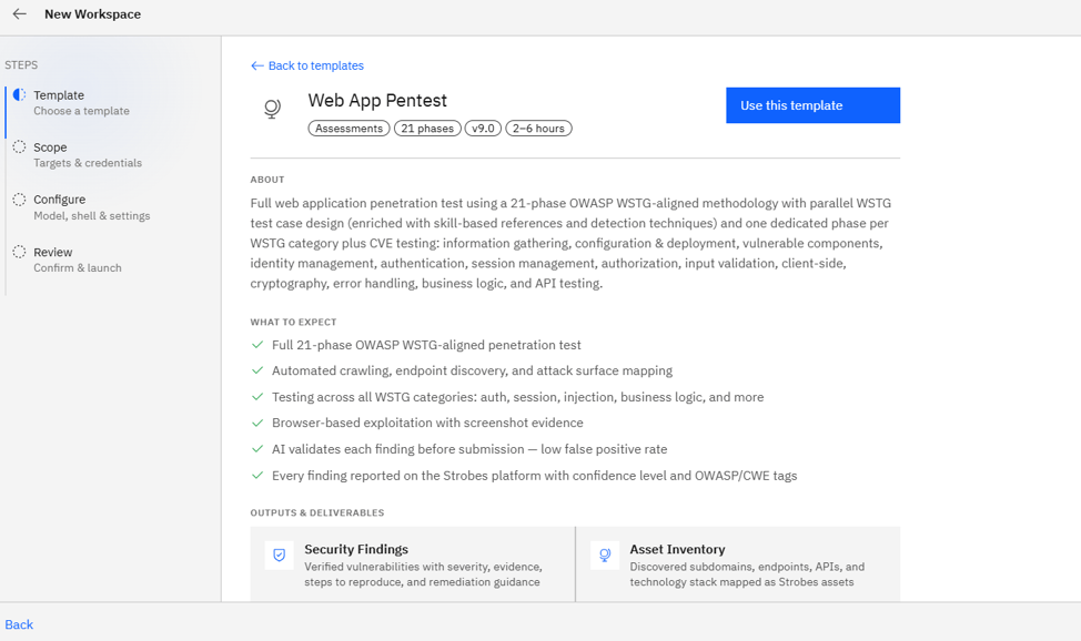 Running a pentest from a template: Step 3: Choose a template (screenshot 4)