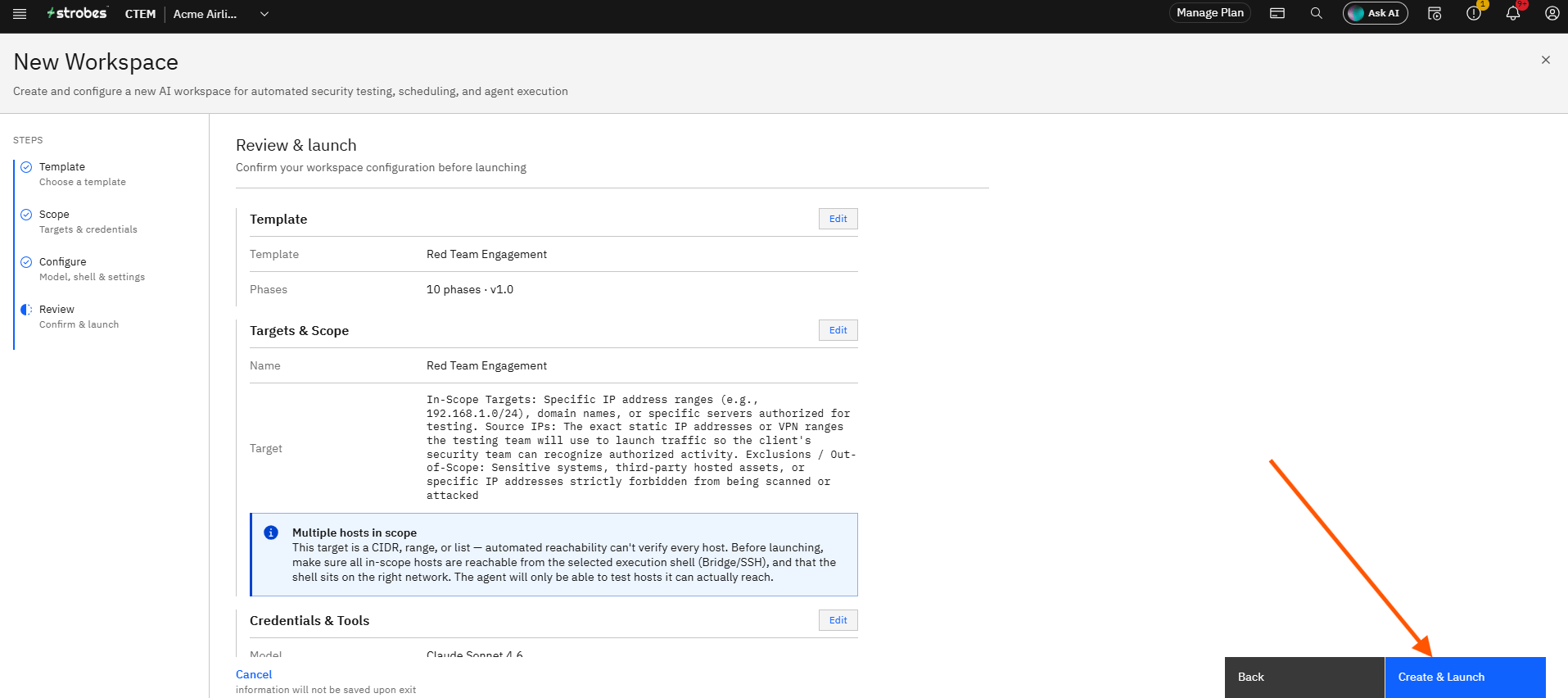Creating a Red Team Engagement in Strobes: Step 18 — Click Create & Launch (screenshot 18)
