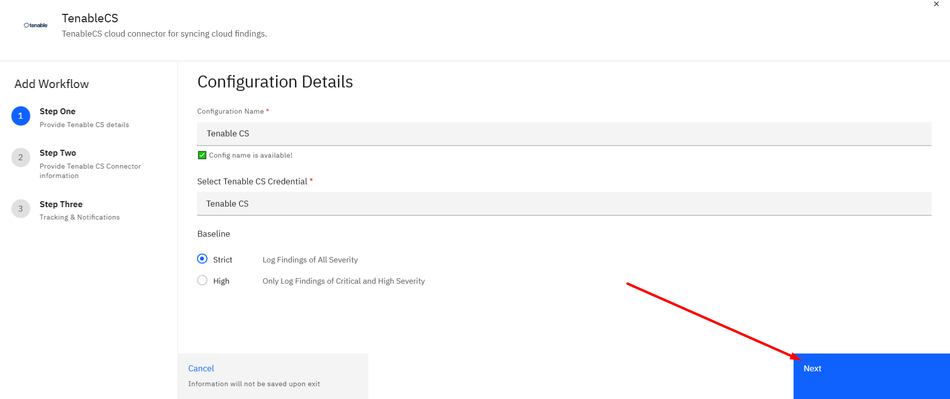 Connecting Tenable Cloud Security to Strobes: Step 9: Proceed to Step Two (screenshot 9)