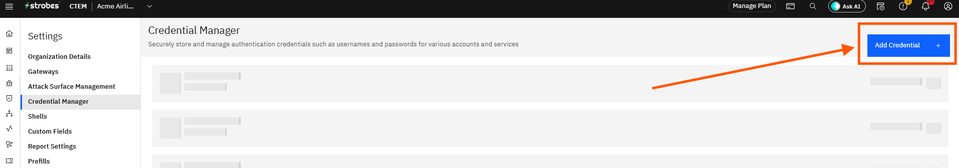 Configuring ServiceNow Credentials and Connector in Strobes: Step 3 — Click Add Credential (screenshot 4)