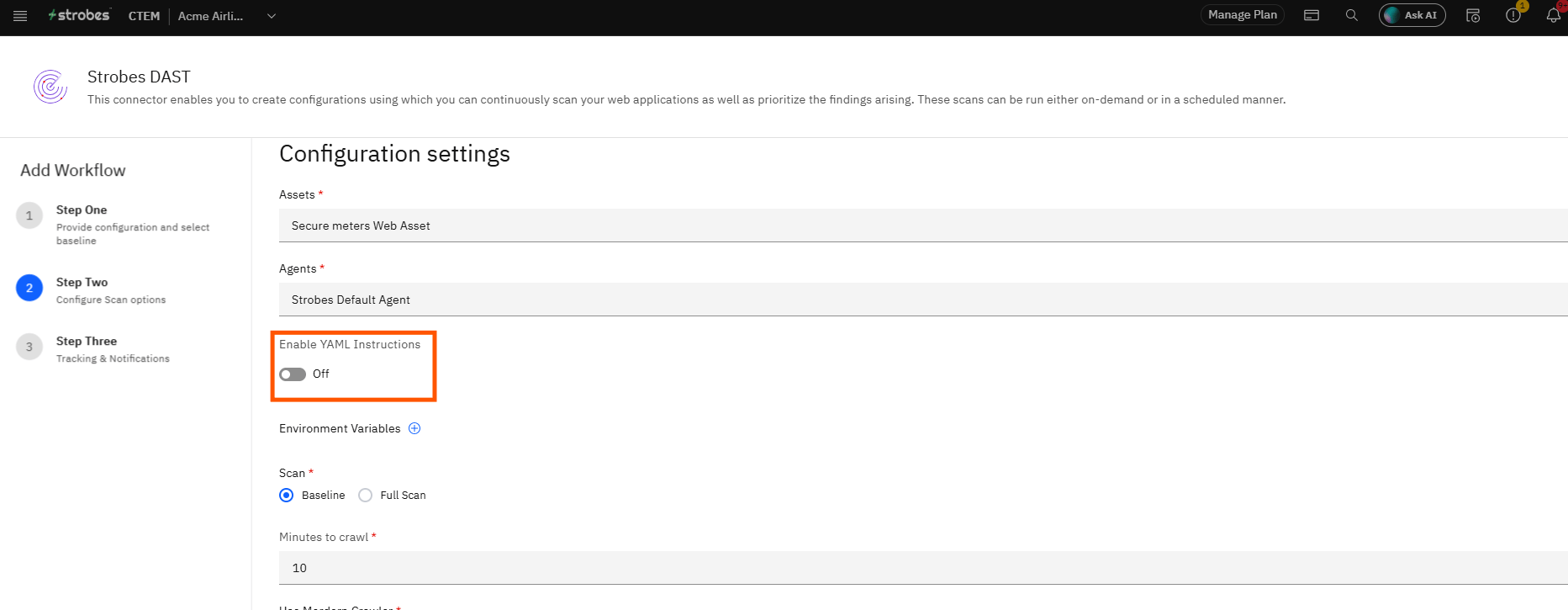 Configuring Strobes DAST: Step 10 — Set Enable YAML Instructions (Optional) (screenshot 10)