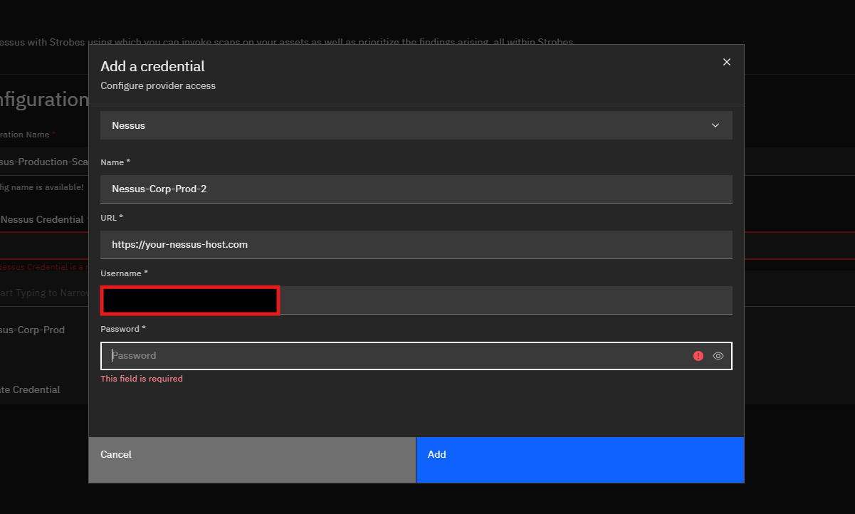 Configuring Nessus by Tenable in Strobes: Step 3: Provide Nessus Details & Add Your Credential (screenshot 11)