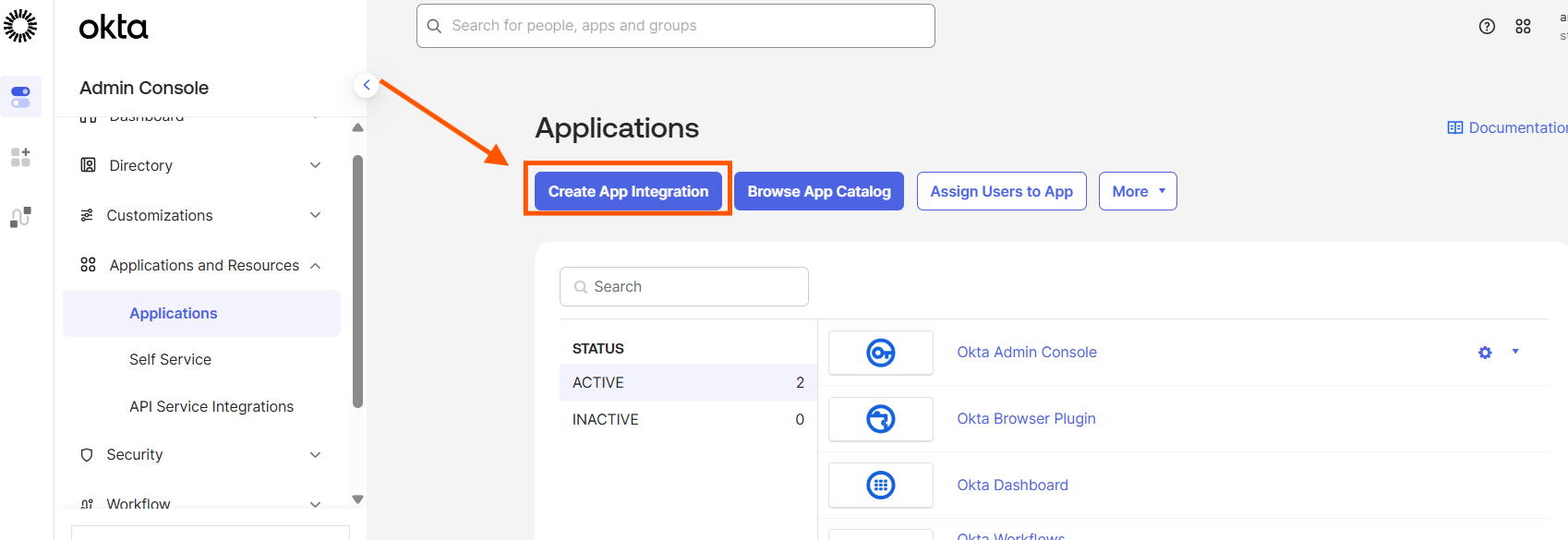 Configuring Okta SSO (SAML): Step 3 — Click Create App Integration (screenshot 4)
