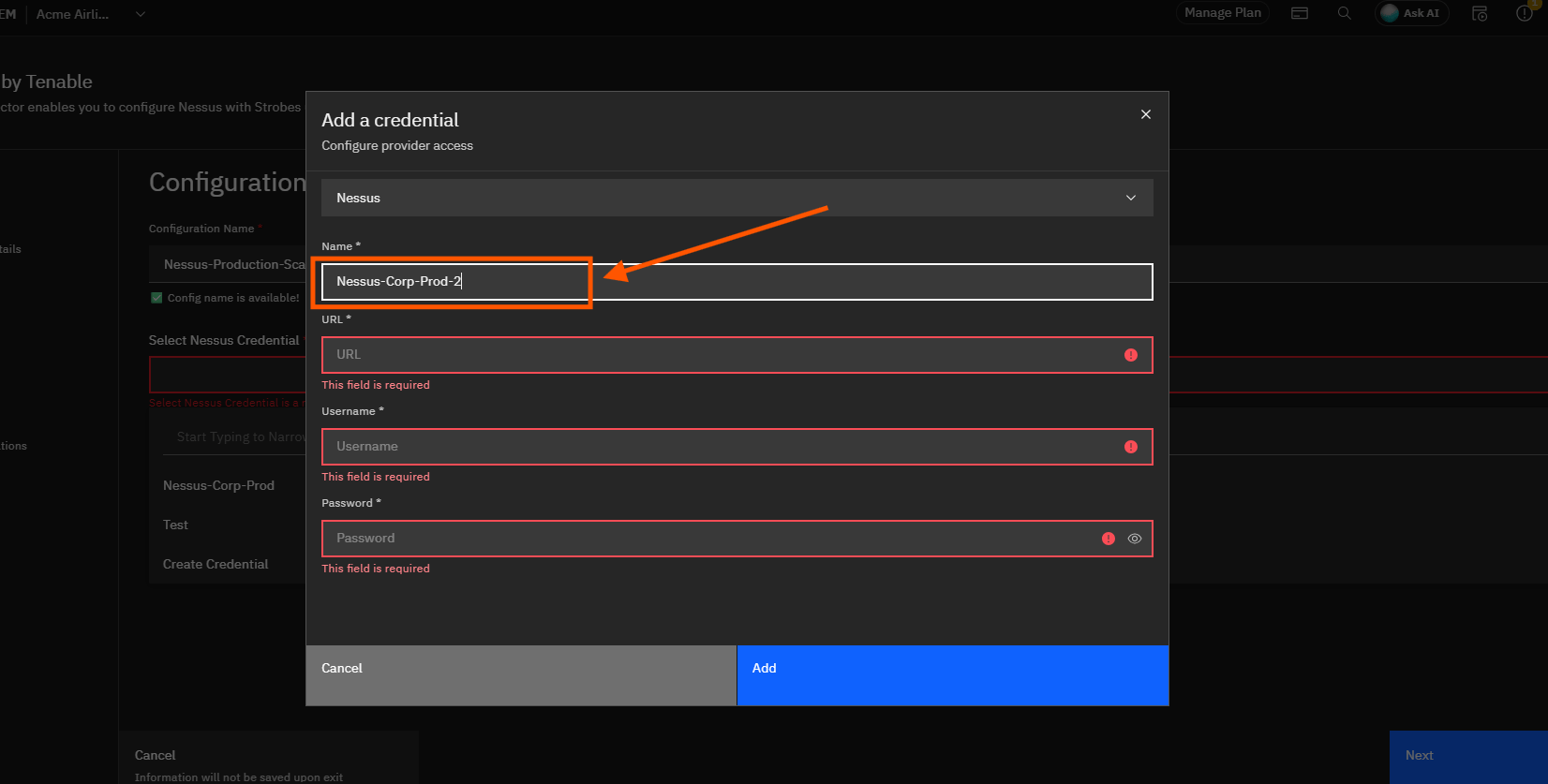 Configuring Nessus by Tenable in Strobes: Step 3: Provide Nessus Details & Add Your Credential (screenshot 9)