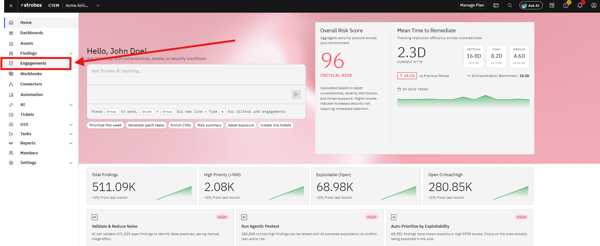 Creating an Engagement: Step 1: Navigate to Engagements (screenshot 1)
