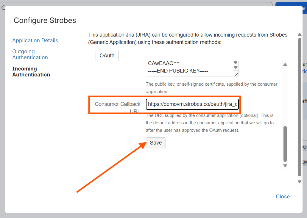 Configuring the Jira integration (OAuth 1.0): Step 13 — Paste the Consumer Callback URL (screenshot 15)