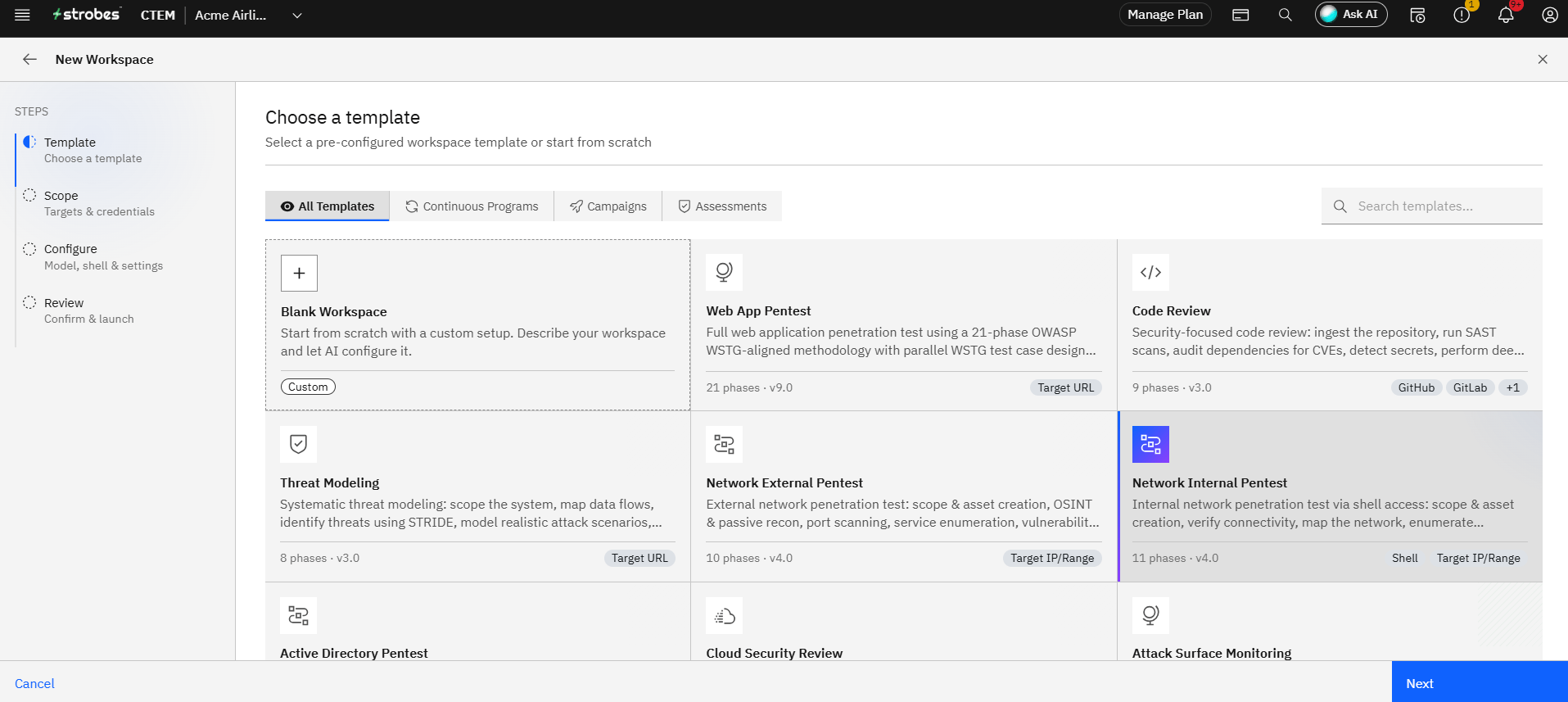 Network External Pentest: Step 1: Open the wizard and pick the template (screenshot 3)