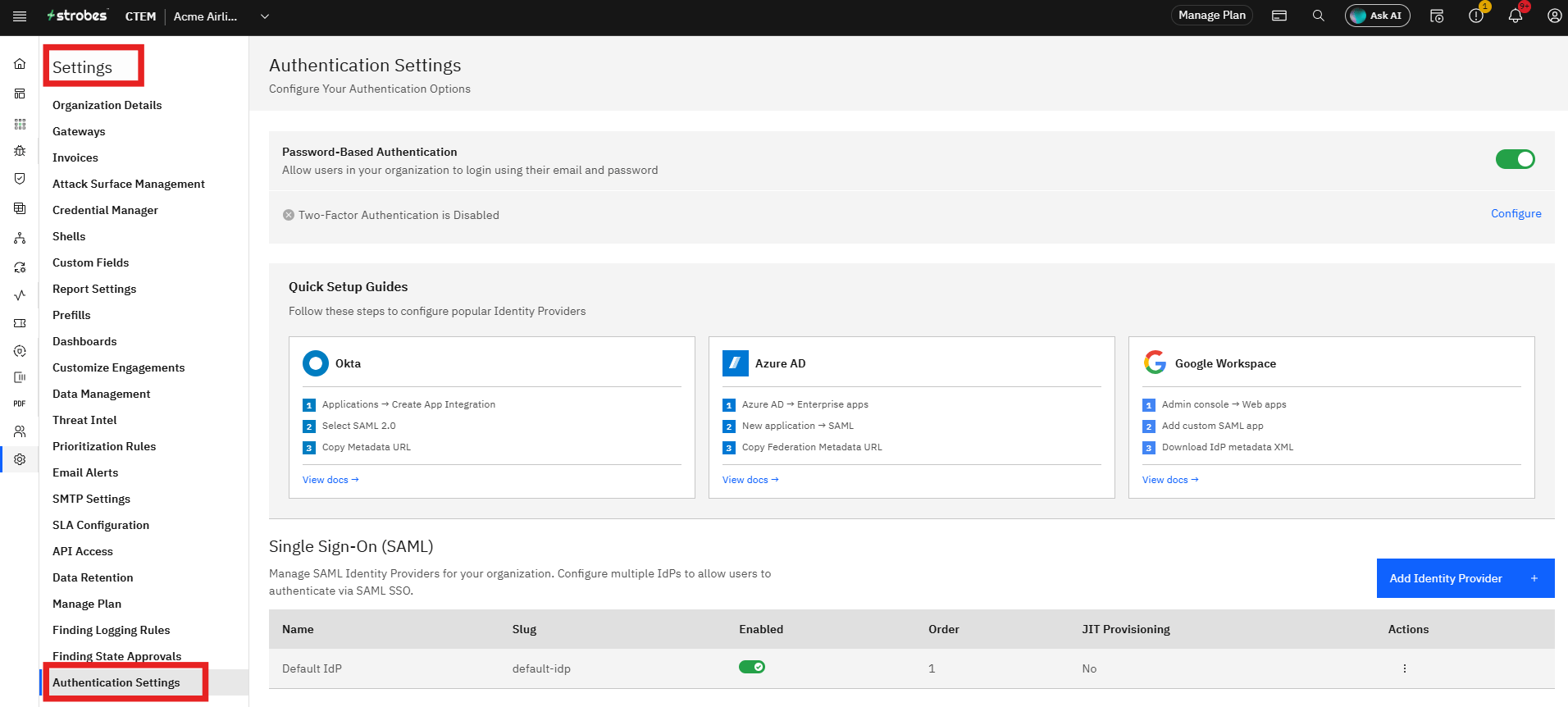 Configuring Google Workspace SSO (SAML): Step 1: Access Authentication Settings (screenshot 1)