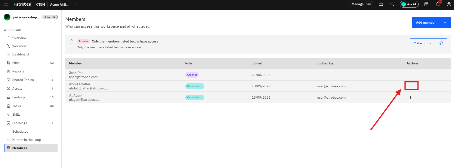 Managing AI Workspace Isolation and AI Member Access: Step 12 — Click the Actions Menu for the Member (screenshot 13)