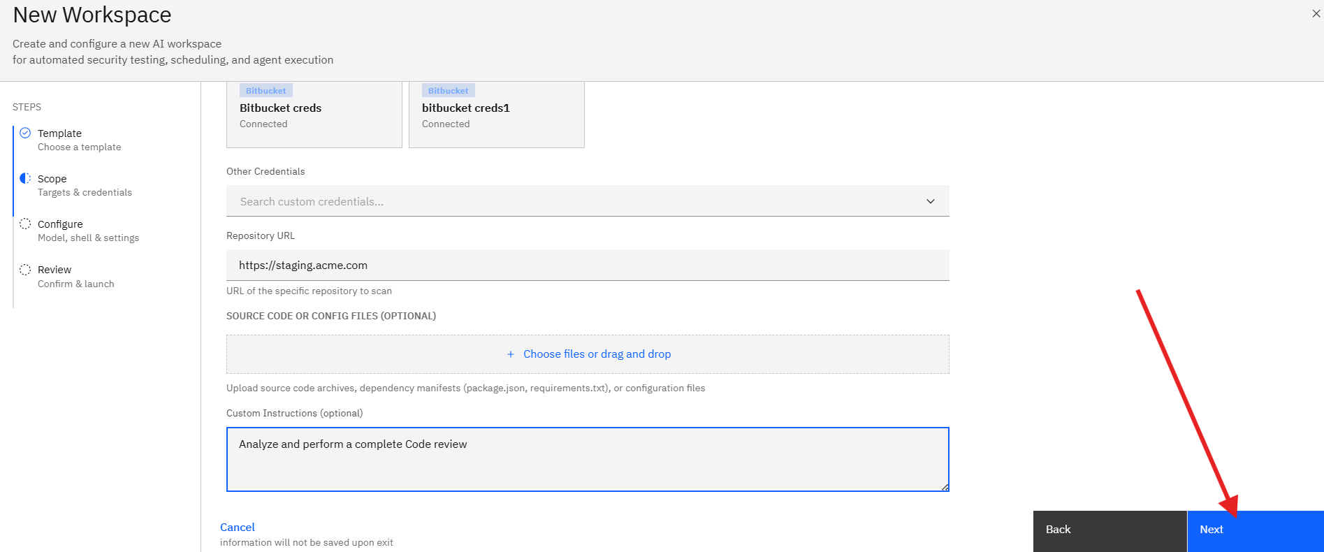 Code Review Assessment via Template: Proceeding to Configuration (screenshot 10)