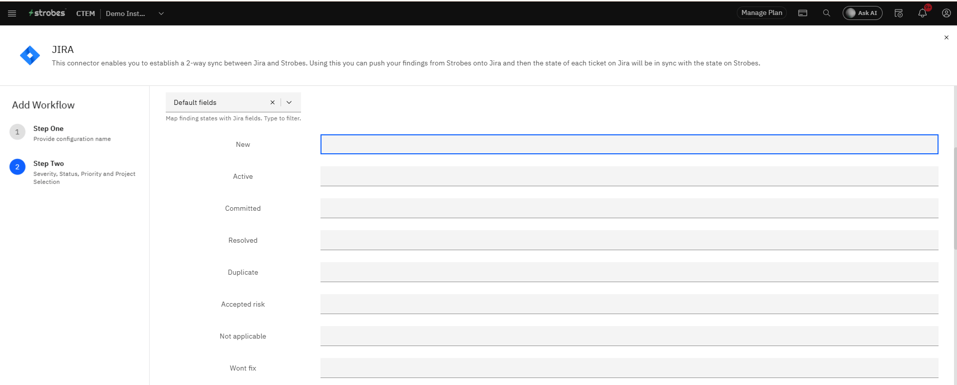 Configuring the Jira Integration in Strobes OAuth 2.0: Step 19 — Map Strobes Statuses to Jira Statuses (screenshot 19)