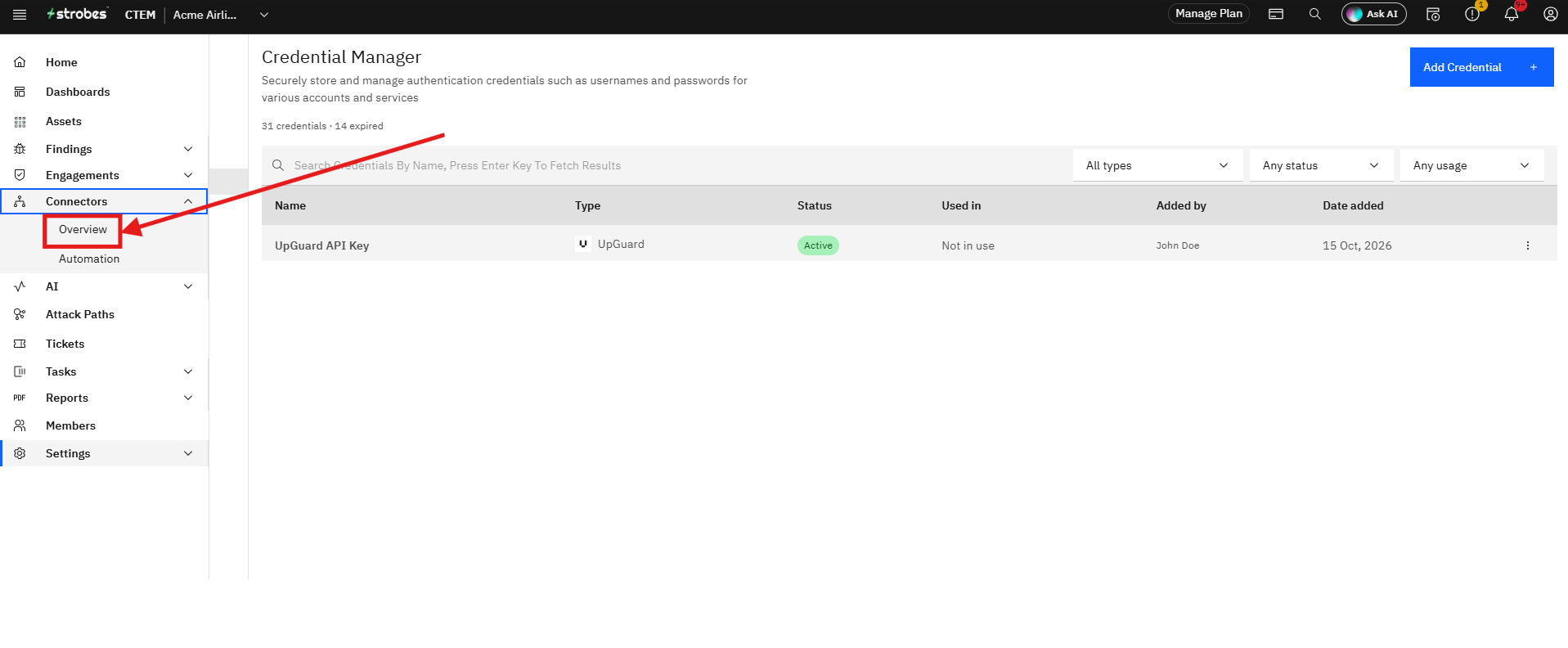 Connecting UpGuard to Strobes: Step 8 — Navigate to Connectors (screenshot 8)